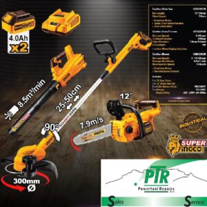 INGCOCOSLI241189 #1. INGCO Combo Kit 3 Piece Cordless Chainsaw, Grass Trimmer, Blower