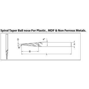DIMSOT1060248#1.jpg. DIMAR Spiral Taper Ball Nose - 6.35 x 25.4mm - For Plastic, MDF & Non Ferrous Metals